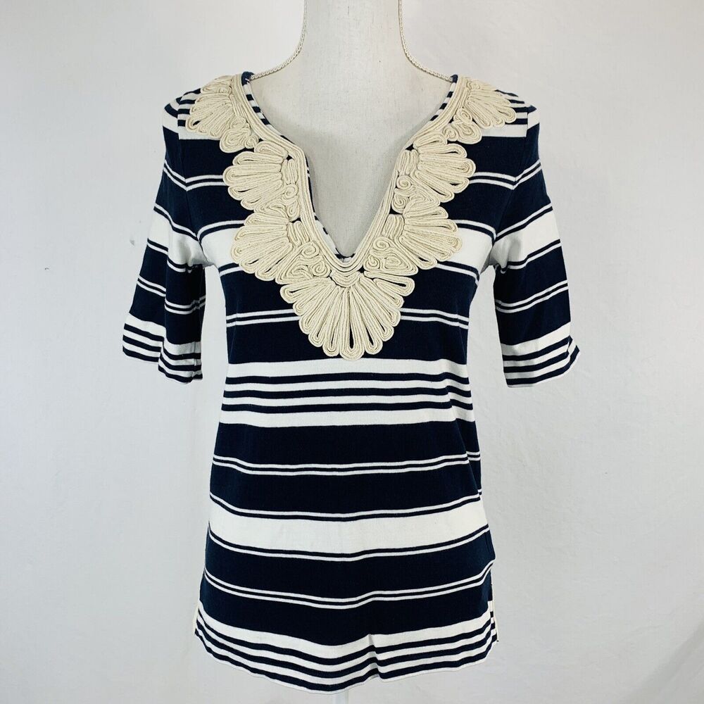 J.Crew Rope Necklace Tunic Tee Striped V Neck Cotton Knit Size Small